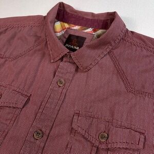 Prana Borla Shirt Men's XL Red Micro Dot Cotton Pocket Button Up Outdoor *Stain*